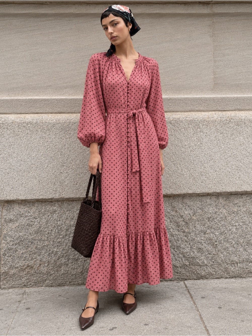 NWT Julia Jordan Printed Dots Chiffon V-Neck Long Sleeve Midi Pink Dress Sz 4